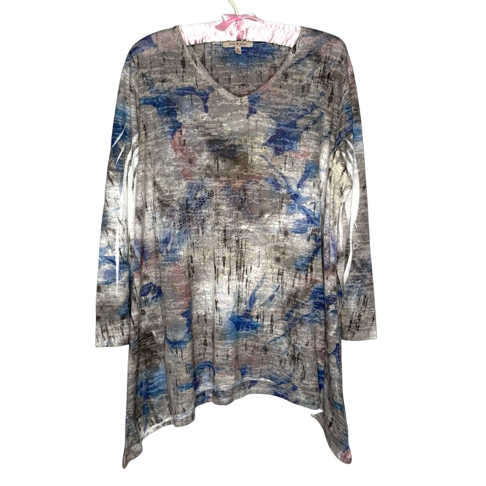 Jess and Jane Top‎ XL Tunic Asymmetrical Bling 3/4 Sleeves Artsy Made In USA